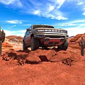 Rugged Off Road SUV Car Driving Through Red Rocks and Cacti in Desert Wilderness with Blue Sky