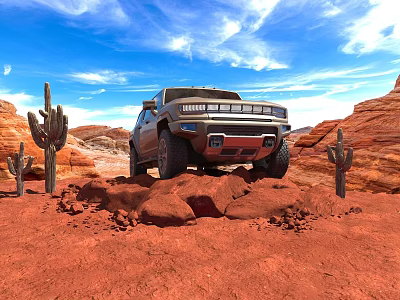 Rugged Off Road SUV Car Driving Through Red Rocks and Cacti in Desert Wilderness with Blue Sky 3d model