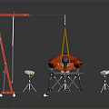 Orange Inflatable Lifeboat With Red Mechanical Hoist And White Control Units