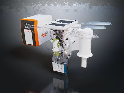 Industrial Mechanical Equipment Featuring White Body Orange Control Panel Connecting Pipes And Cylindrical Container 3d model