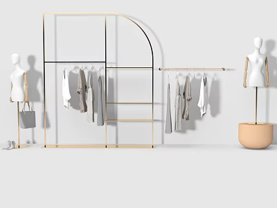 Modern Curved Clothes Rack With Hanging Clothes Mannequins And Handbag 3d model