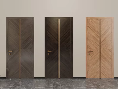 Three Modern Hinged Doors with Dark Brown Black Light Brown Wood Grain and Golden Handles 3d model