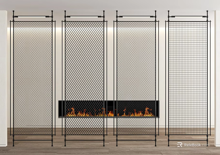 Modern Interior Room Divider with Black Wire Mesh Panels and Sleek Frame Design 3d model