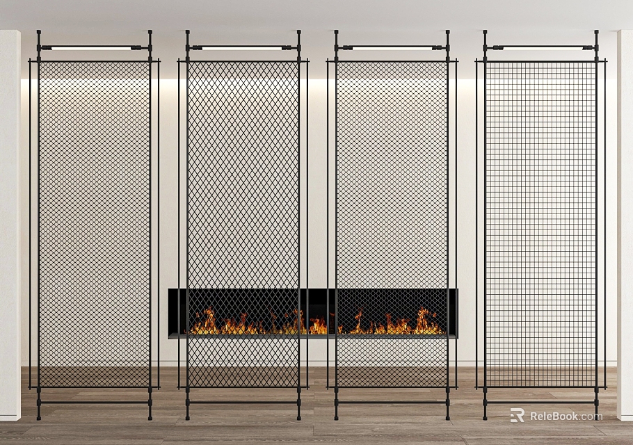 Modern Interior Room Divider with Black Wire Mesh Panels and Sleek Frame Design 3d model 