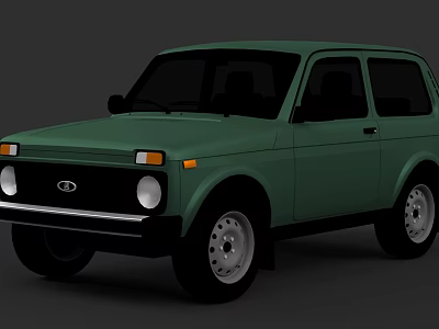Green Vintage Compact Car with Round Headlights Black Windows and Simple Wheels 3d model