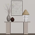 Modern Wooden Console Table With Vase Branches Pots Lamp And Wall Art