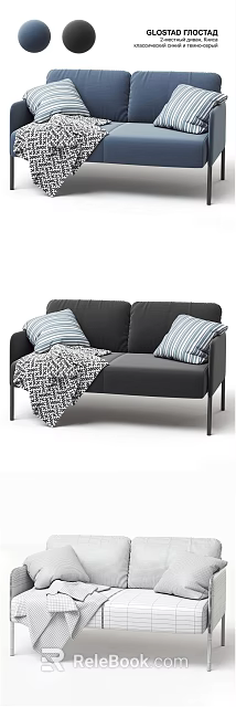 Modern Black Two Seater Sofa With Blue White Striped Pillows And Black White Geometric Blanket 3d model 