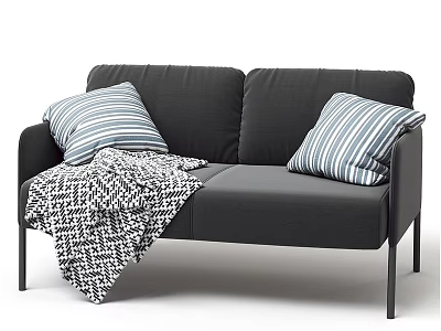 Modern Black Two Seater Sofa With Blue White Striped Pillows And Black White Geometric Blanket 3d model