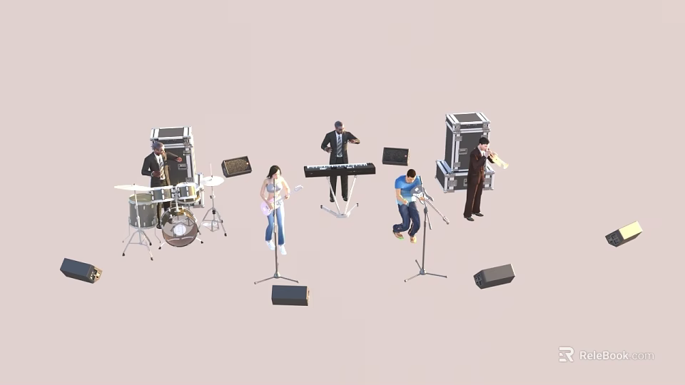 Group of Musicians Performing on Stage with Drums Keyboard and Microphones 3d model 