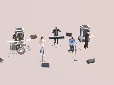Group of Musicians Performing on Stage with Drums Keyboard and Microphones 3d model