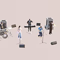 Group of Musicians Performing on Stage with Drums Keyboard and Microphones
