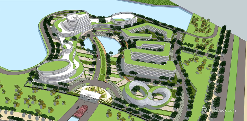 Modern Aerial Master Plan with Curved Buildings Green Spaces and Water Bodies 3d model 