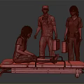 Medical Team In Blue Green Scrub Suits Assisting Patient On Stretcher With Green Medical Bags