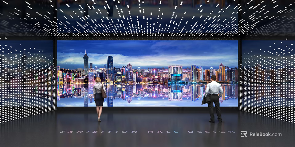 Exhibition Hall Interior Design With Large Screen Cityscape And Viewing People 3d model 