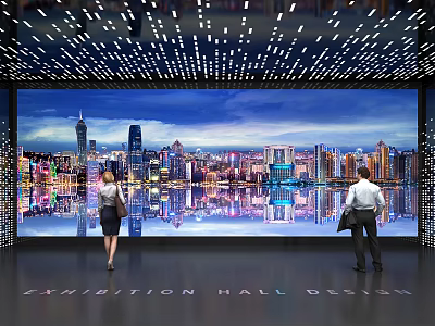 Exhibition Hall Interior Design With Large Screen Cityscape And Viewing People 3d model