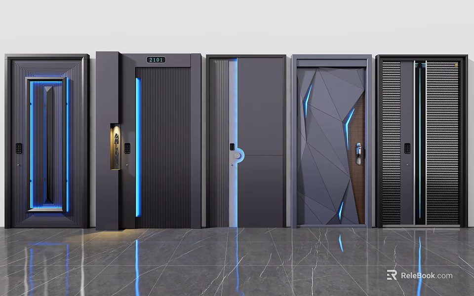 Various Modern Swing Door Designs With Geometric Patterns LED Accents And Sleek Handles 3d model 