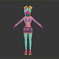 3D Female Character With Black Pigtails Crop Top Skirt Fishnet Stockings High Heels Arm Cuffs