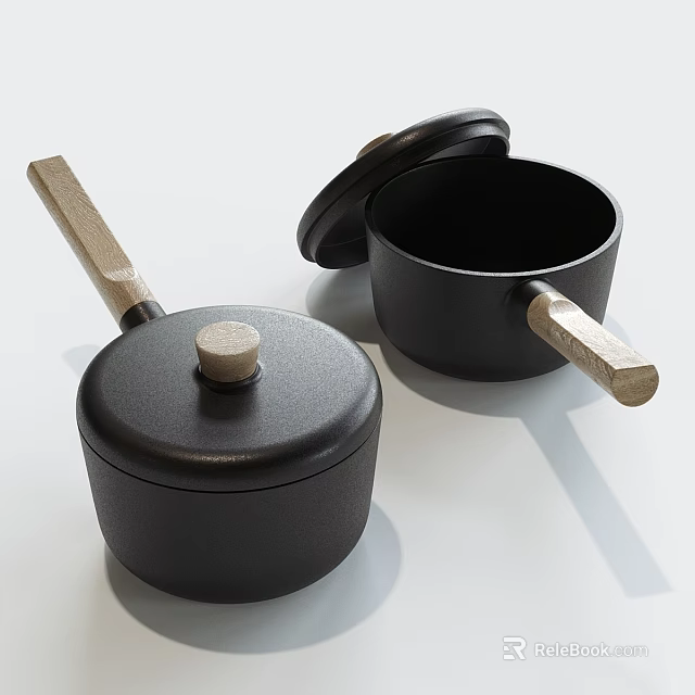 Black Cast Iron Cookware Set With Wooden Handles And Minimalist Design For Kitchen Use 3d model 