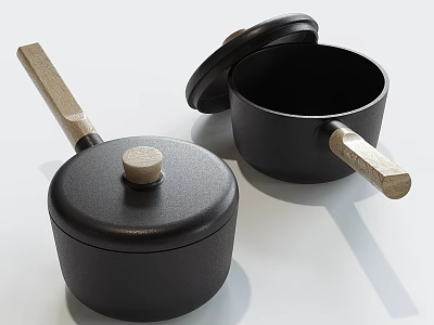 Black Cast Iron Cookware Set With Wooden Handles And Minimalist Design For Kitchen Use 3d model