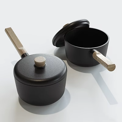 Black Cast Iron Cookware Set With Wooden Handles And Minimalist Design For Kitchen Use 3d model