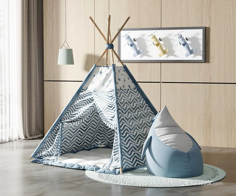 Blue And White Chevron Kids Tent With Bean Bag On Wooden Floor Carpet 3d model 