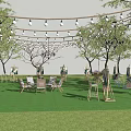 Outdoor Decorative String Lights Hanging Over Lawn With Trees Tables And Chairs