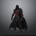 Man as Fantasy Warrior in Black Armor with Red Patterns Hood and Cloak