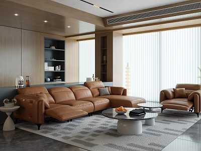 Modern Living Room Interior With Brown Leather Sofa Coffee Table And Floor to Ceiling Windows 3d model