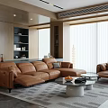 Modern Living Room Interior With Brown Leather Sofa Coffee Table And Floor to Ceiling Windows