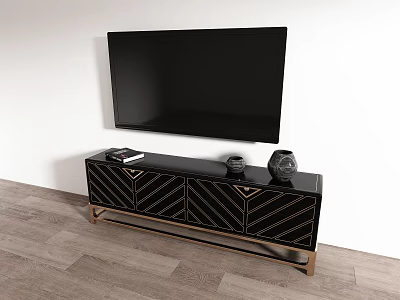 Modern Black TV Stand With Geometric Pattern Doors Gold Legs And TV On Top 3d model