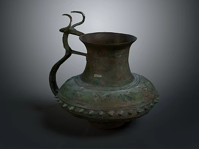 Ancient Bronze Sculpture Vessel With Curved Handle And Intricate Carved Patterns 3d model