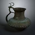 Ancient Bronze Sculpture Vessel With Curved Handle And Intricate Carved Patterns