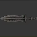 Ancient Rusted Metal Sword With Ornate Hilt And Engraved Blade Surface