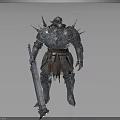 Fantasy Greatsword Weapon Held By Armored Character With Spiked Metallic Armor