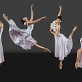 Women in White Dresses Dancing Ballet with Jumping Stretching Poses on Black Background