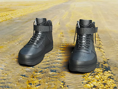 Black High Top Shoes With Laces And Strap On Yellow Textured Surface 3d model