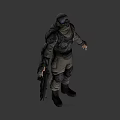 Sci Fi Hooded Armored Warrior With Red Eyes Skull Emblem In Combat Suit Holding Weapon