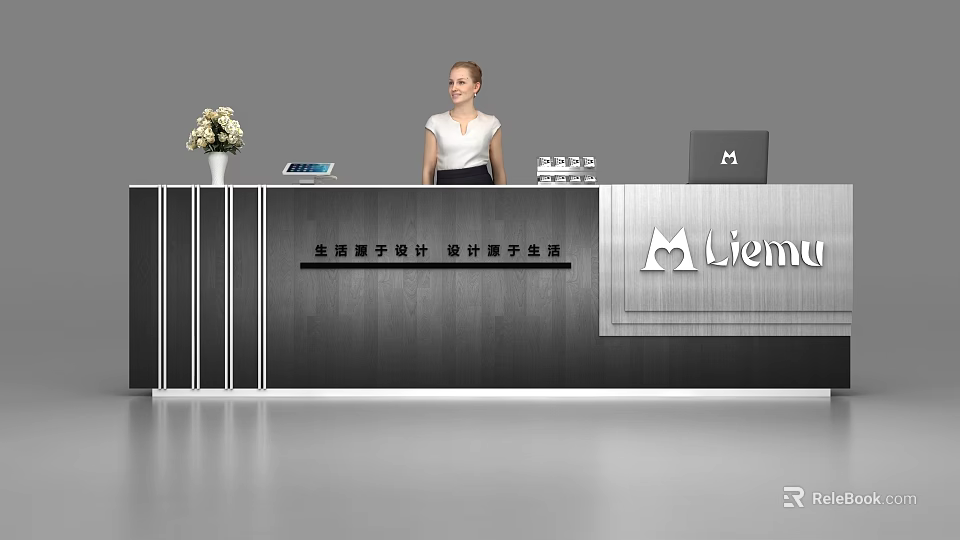 Modern Office Reception Desk With Sleek Dark Surface Flower Vase Tablet And Laptop 3d model 