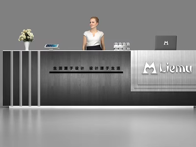 Modern Office Reception Desk With Sleek Dark Surface Flower Vase Tablet And Laptop 3d model
