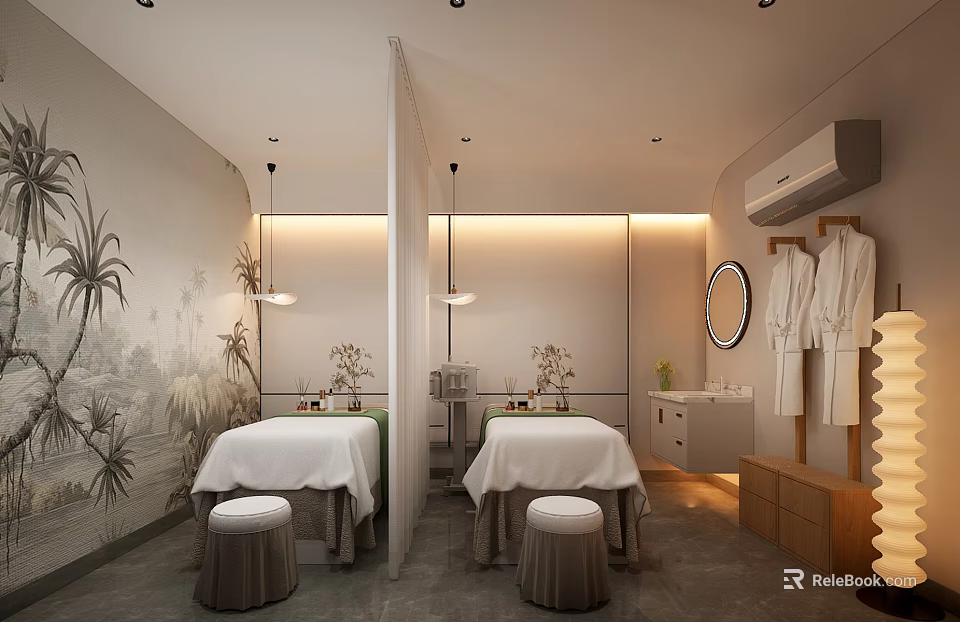 Relaxing Modern Spa Sauna Interior With Massage Beds Tropical Mural And Robes 3d model 