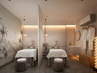 Relaxing Modern Spa Sauna Interior With Massage Beds Tropical Mural And Robes 3d model