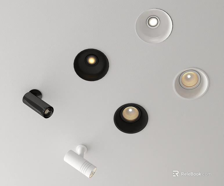 Modern Black and White Downlights and Spotlights with Recessed and Surface Mounted Styles 3d model 