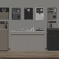 Modern Kitchen Interior With Colorful Water Dispensers Countertop Sink And Cabinets