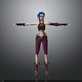 3D Anime Character With Blue Hair Brown Top Purple Pants And Arm Wraps Standing Pose