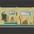 Cartoon Room Interior Featuring Brick Walls Wooden Bookshelf Bed Rug Lamp Desk And Picture Frame