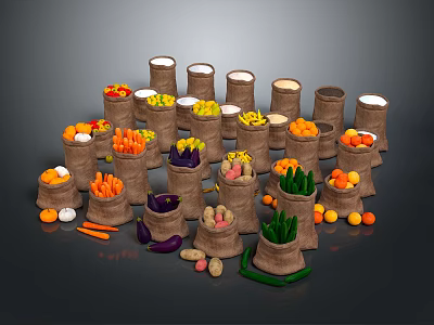 Display of Burlap Bags Filled with Fresh Vegetables and Fruits Arranged in Circle 3d model