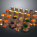 Display of Burlap Bags Filled with Fresh Vegetables and Fruits Arranged in Circle