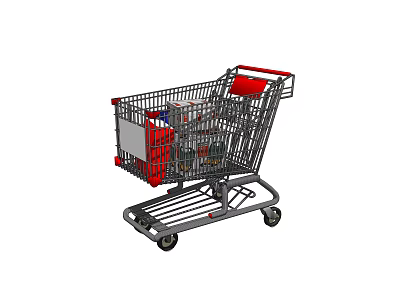 Public Facility Shopping Cart With Metal Frame Red Handle And Wheels For Retail Stores 3d model