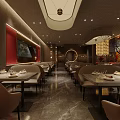 Elegant Restaurant Interior With Dining Tables Chairs Wall Art Decorative Plants And Pendant Lights