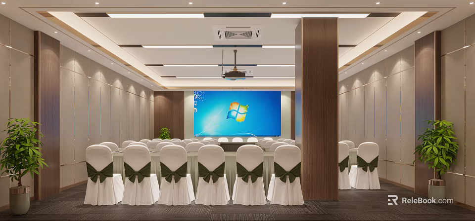 Modern Conference Room Interior Design With Projection Screen White Chair Covers And Green Bows 3d model 